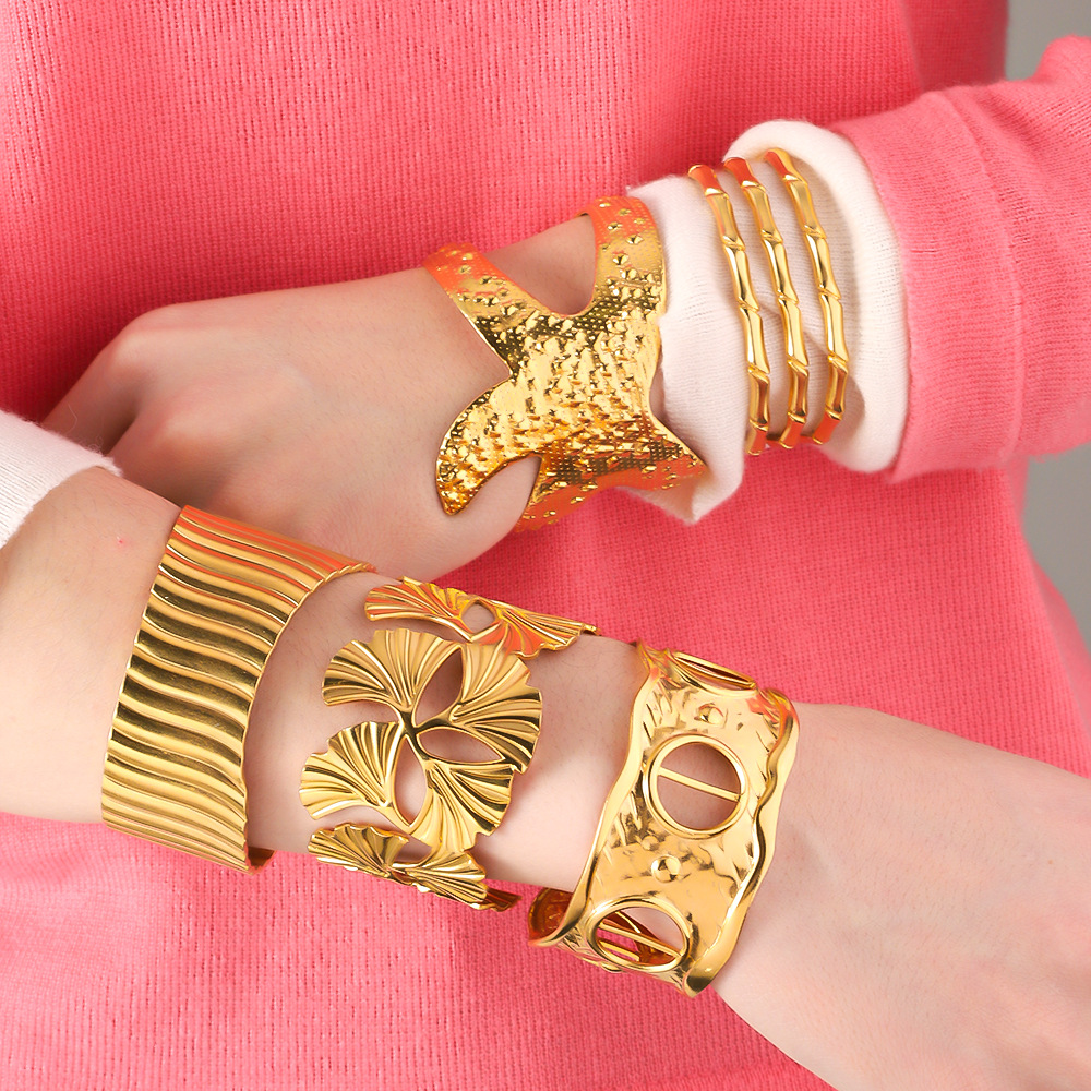 Cuff Bracelets, Wide Bracelet Classification Retro Classic Style Geometric Leaf 667 Stainless Steel Cuff Bracelets Wide Bracelet In Bulk