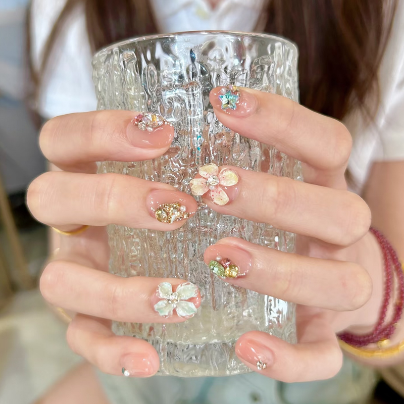 Wearable Nails Pure Handmade Summer New Three-Dimensional Ice Flower Cat Eye Temperament Short Style High-End Fresh Dopamine Manicure