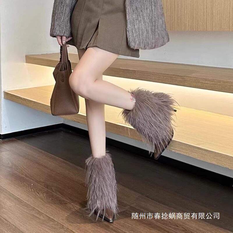 European and American Fur Boots Warm Fashion High-Heeled Boots for Women 2025 Autumn and Winter New Pointed Toe High Boots Women's Snow Boots European and American Fur Boots Warm Fashion High-Heeled Boots for Women 2025 Autumn and Winter New Pointed Toe High Boots Women's Snow Boots