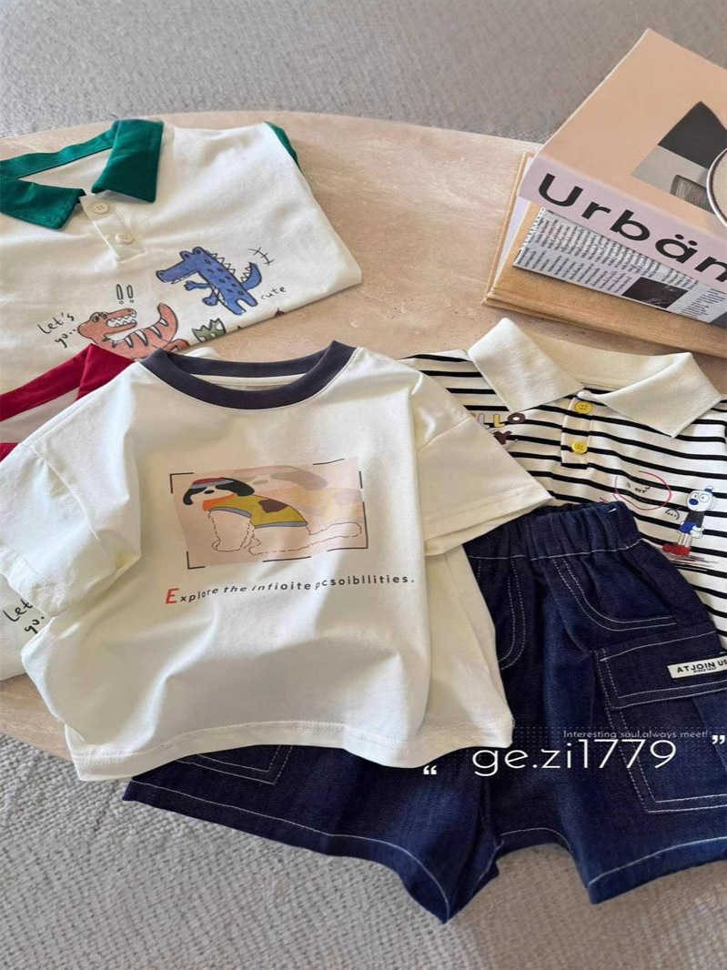 子供の新型の男女の子供の夏の漫画の色合わせの赤ちゃんの半袖の純綿の洋気のtシャツの半袖の子供の上着のT