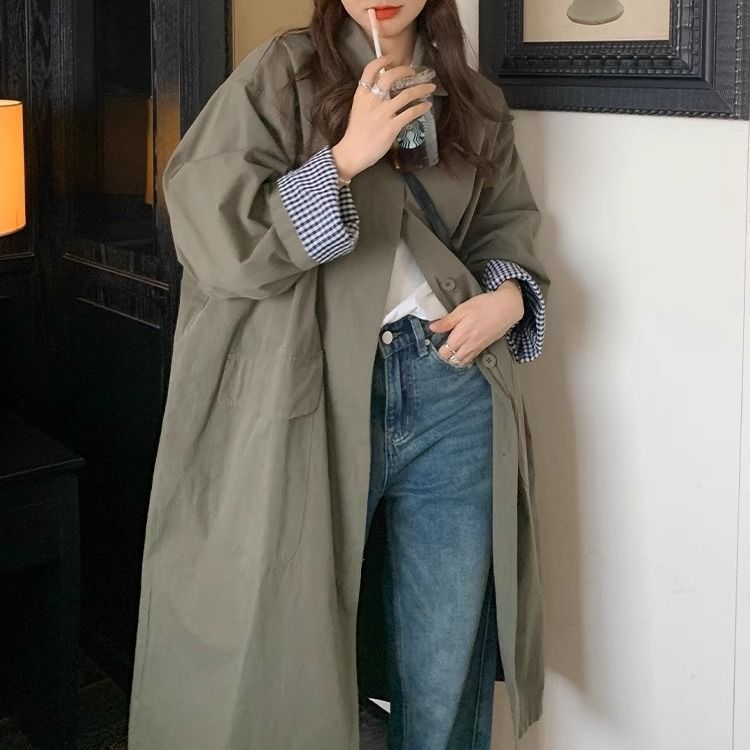 港风复古工装风衣外套女春秋日系小个子设计感宽松中长款气质大衣|undefined