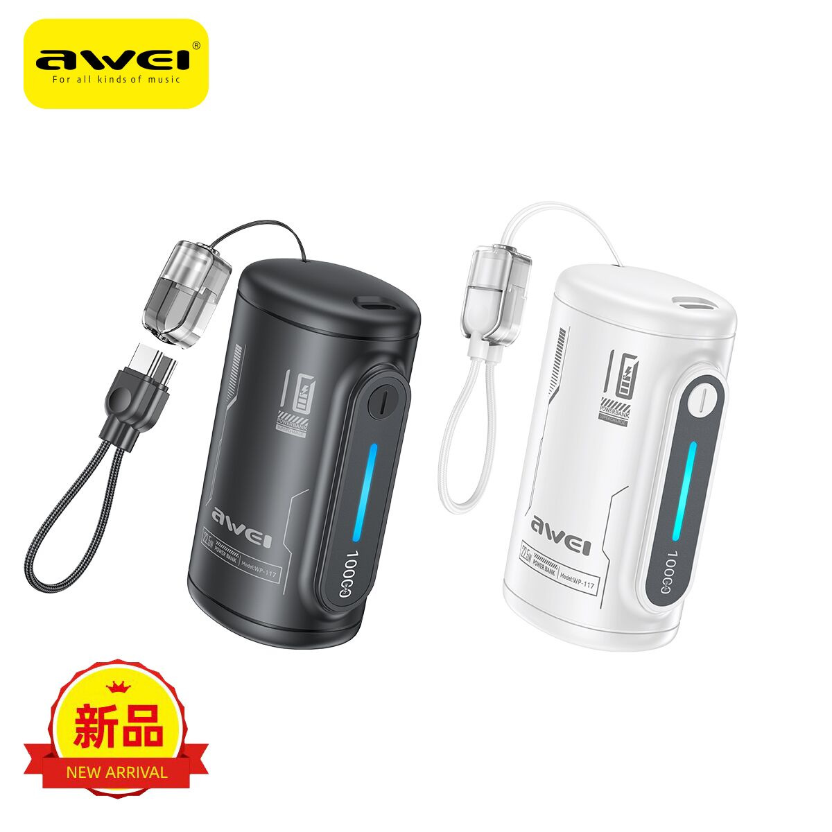 Awei Uses the New Wp-117 Mini Capsule Power Bank with Its Own Cable Mini Portable 3C Super Fast Charging