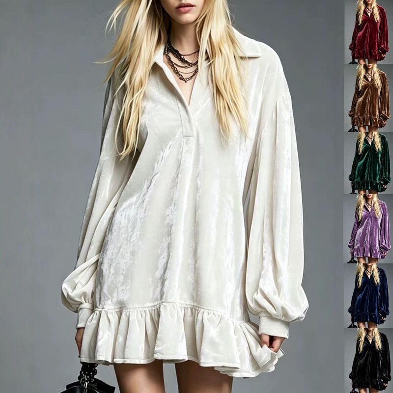 2026 Amazon European and American cross-border French-style gentle velvet lantern-sleeve ruffled collar shirt dress for women