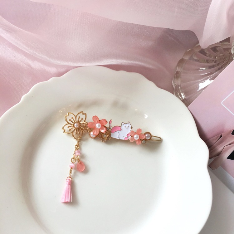 Fashion Pink Flower Tassel Kitty Hairpin display picture 6