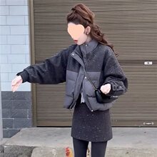 小个子烫钻毛呢拼接棉服女短款春夏新款流行棉袄外套