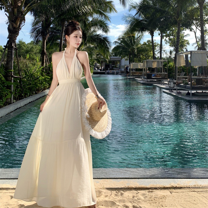 홀리데이 스타일 백리스 스커트 여성 이른 봄 프랑스 스타일 우아한 원피스 해변 원피스 긴 치마