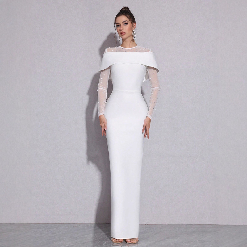 2025 New White Beaded Knitted Bandage Dress Women's Spliced ​​Mesh Long Sleeve Slim Wedding Banquet Long Dress