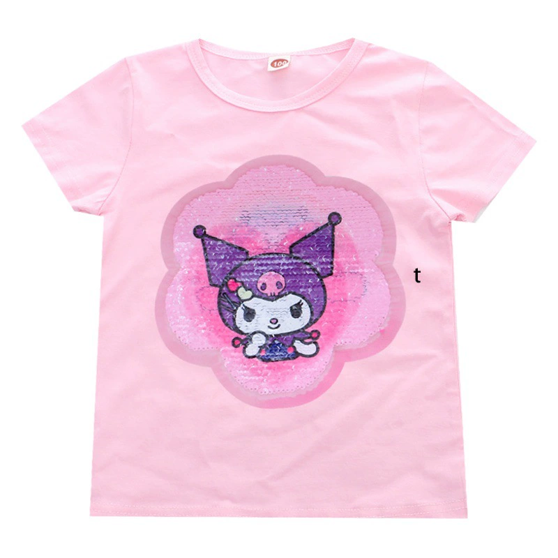 Базовая рубашка для девочек. 25 новой детской одежды. Летняя футболка с короткими рукавами и меняющими цвет пайетками для маленьких девочек. Базовая рубашка Kuromi.