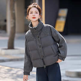 时尚立领短款羽绒服女2025冬新款时尚洋气小个子灰色拼接厚外套