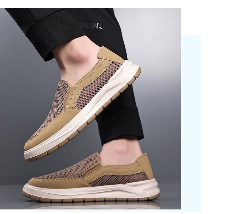 Giày lười nam lưới thoáng khí kiểu mới, đế bằng, phong cách thường ngày — Màu kaki【HT77663】, Màu xám【HT77663】 chi tiết 16