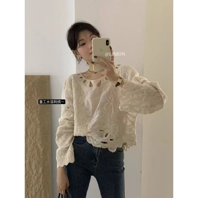 韩系设计感镂空刺绣长袖套头衬衫女春秋新款独特绝美宽松露肩上衣|undefined