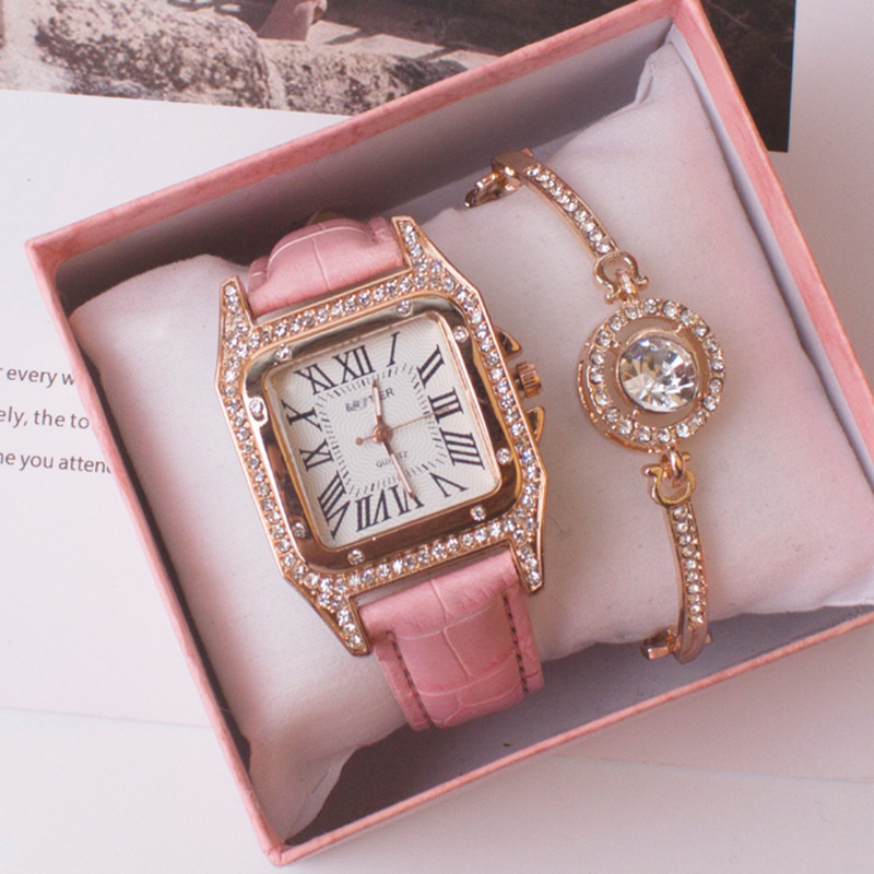 WeChat popular square watch cross-border foreign trade rhinestone women's Roman two-piece set gift casual quartz women's watch