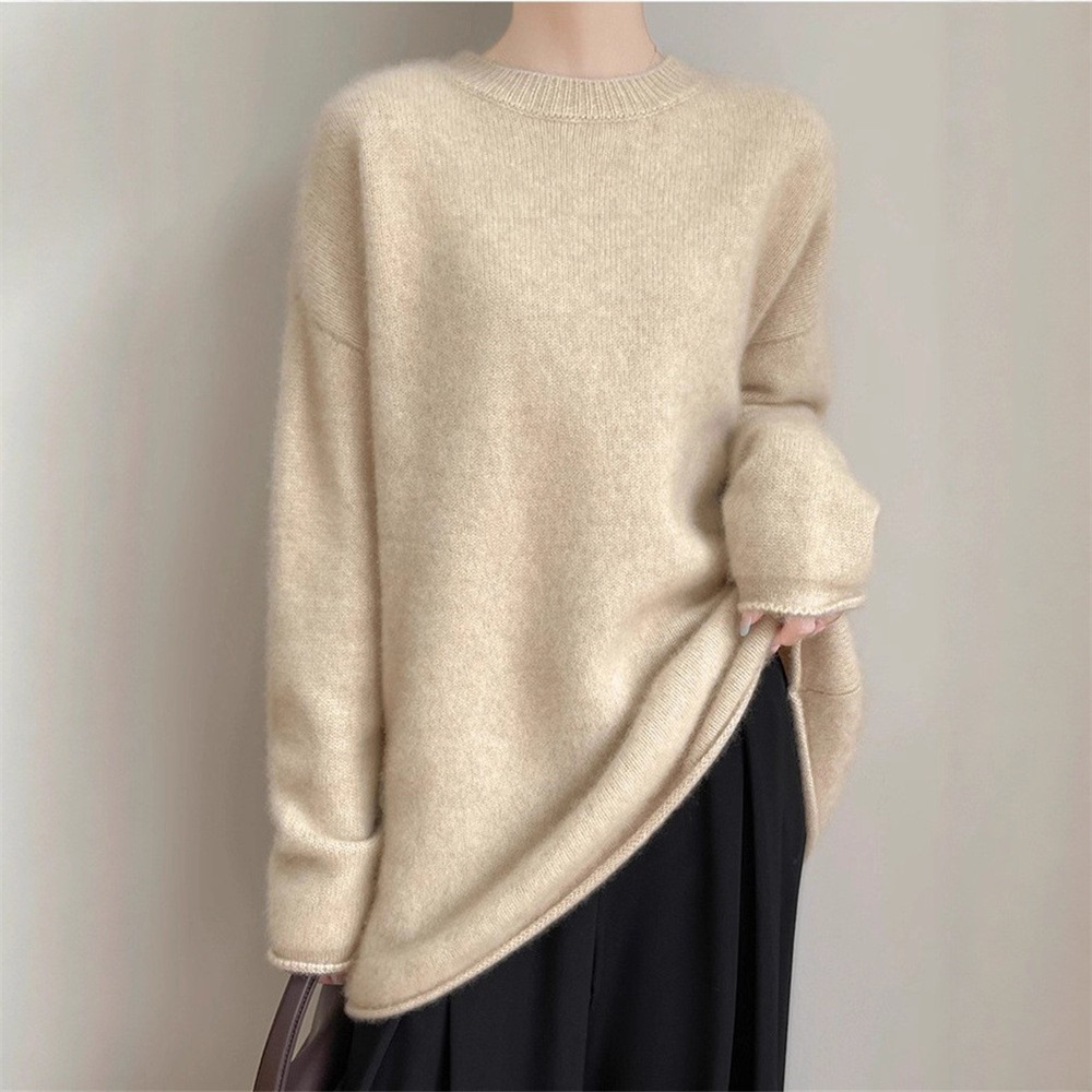 Aria Basics Damen-Pullover mit Rundhalsausschnitt, einfarbig, locker und weich gestrickt_voghion.com