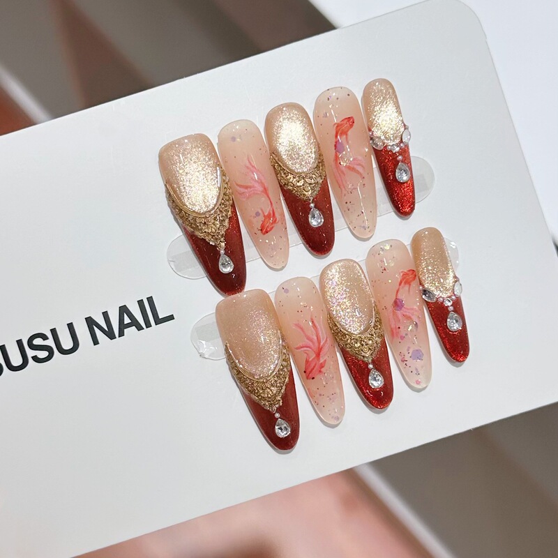 [Lucky Koi] Embossed French Red Niche Design Chinese Style Wearable Nails Removable Nail Patches