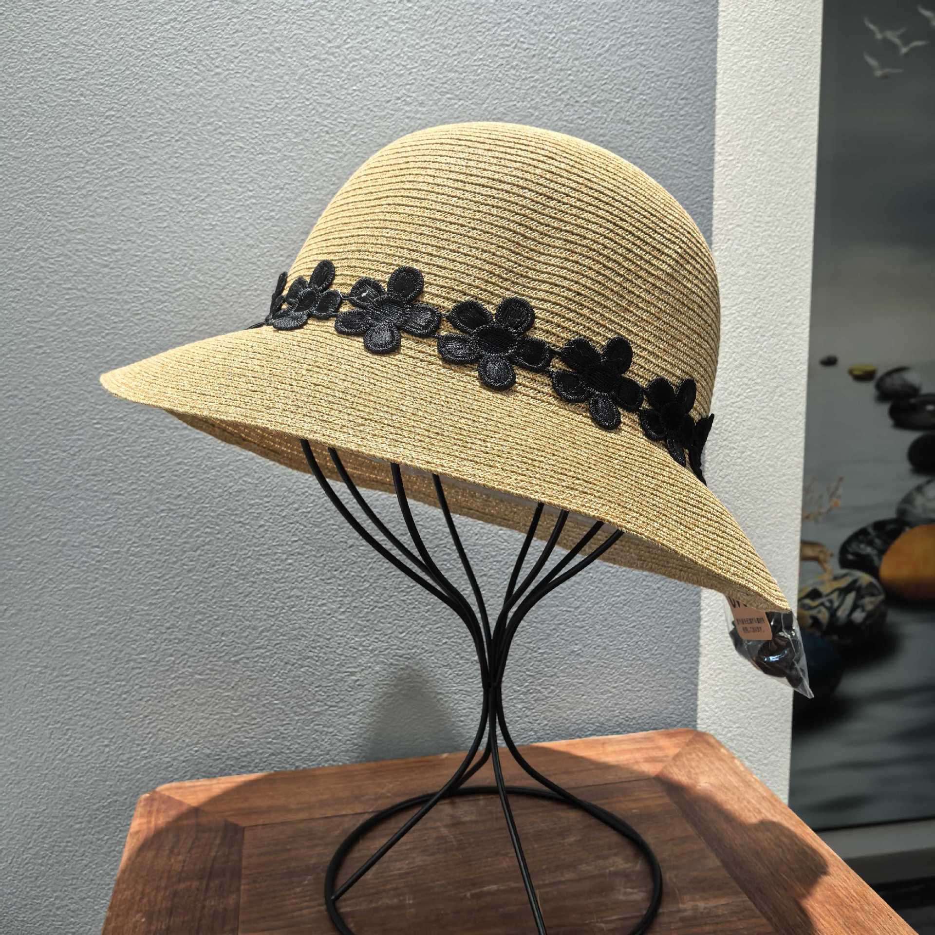 Cappello di paglia elegante stile hepburn per donna spiaggia_voghion.com