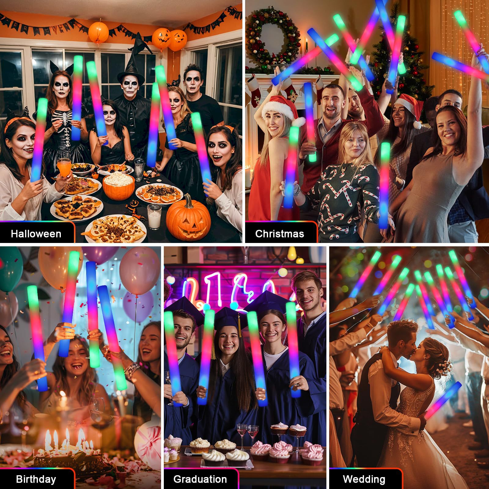 跨境发光泡沫荧光棒3种模式多彩闪光 婚礼派对音乐节露营嘉年华