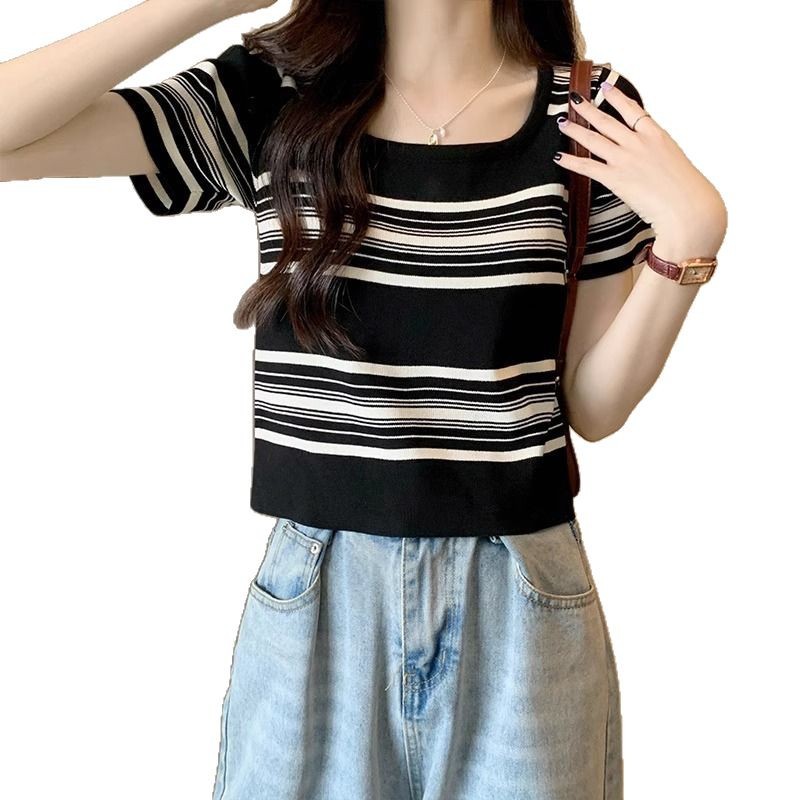 Ropa de verano 2025, nuevo estilo francés dulce y picante viento interior con mangas cortas de cuello cuadrado de mujer camisa de punto rayada corta camisa de estudiante