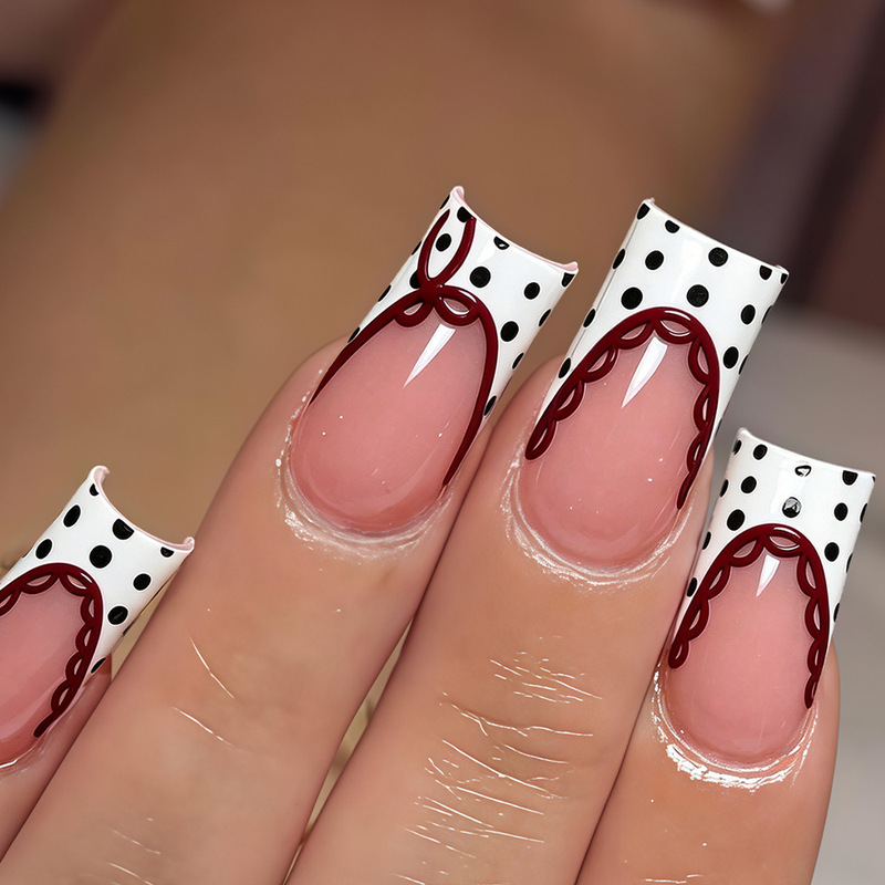 Cross-Border 24-Piece Set of Nail Stickers with Black Polka Dots, Red Bow, and White French Ballet Style Wearable Nails