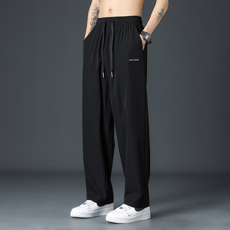 Men's Summer Ice Silk Pants, Thin Loose Straight-Leg Wide-Leg Pants, Quick-Drying Breathable Long Pants, Versatile with a Cool Feel