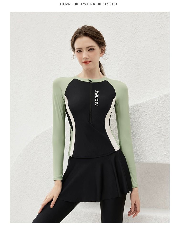 GraceChic Women's Swimsuit 2025 New Long Sleeve Sun Protection Three-Piece Set Ladies Two-Piece Conservative High-End Feel Hot_voghion.com