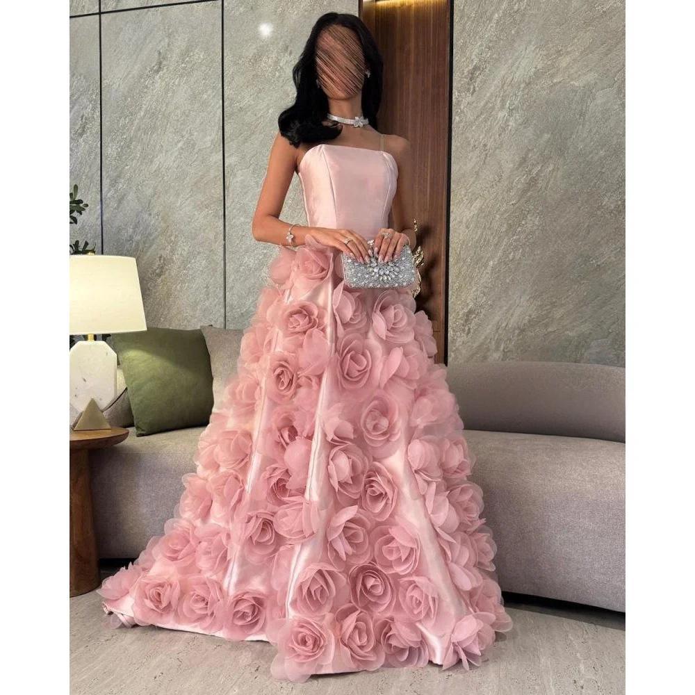 European and American Cross-Border Fashion Strapless Evening Dress with Three-Dimensional Flowers, Long Dress for Birthday Parties, Elegant and High-End Feel