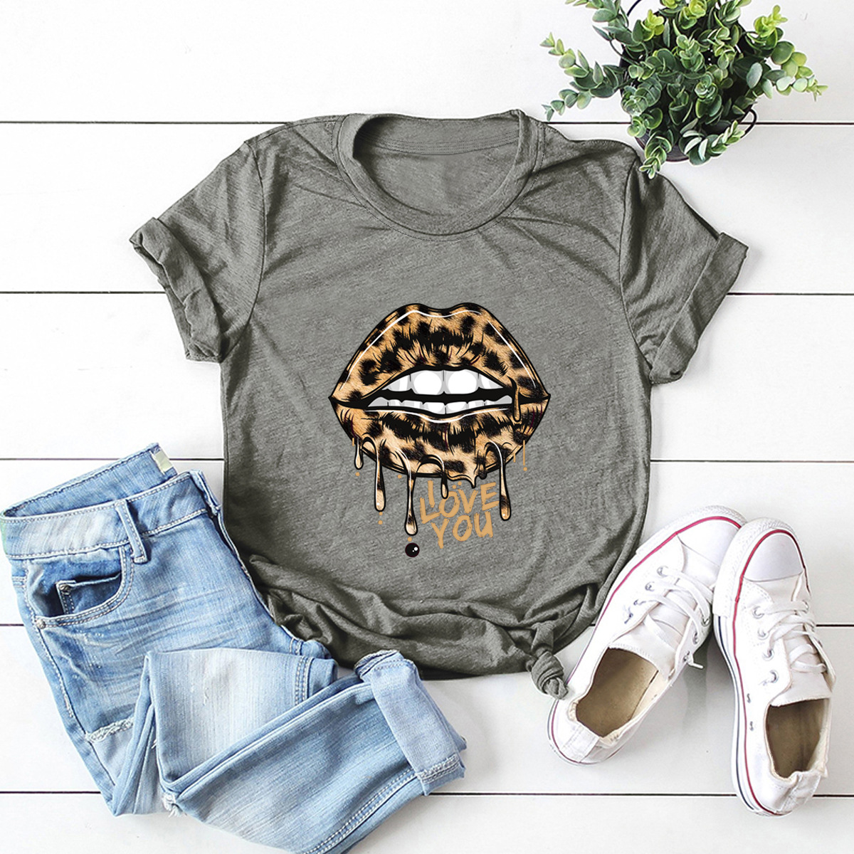 leopardo amor labios imprimir camiseta de manga corta nihaostyles ropa al por mayor NSSN83724