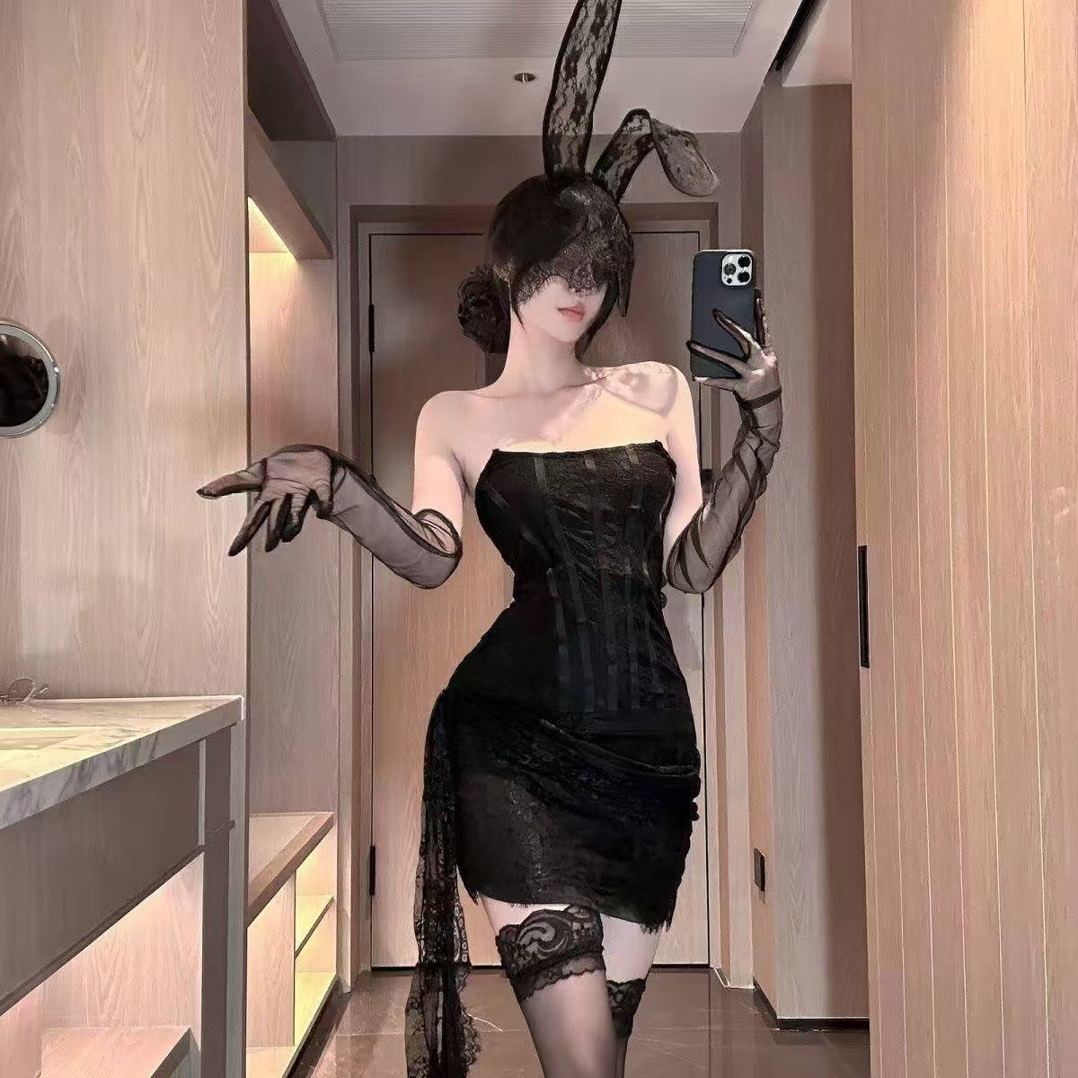Pure Lust See-Through Mesh Cosplay Pajama Set with Top, Skirt and Arm Sleeves — detail image 7