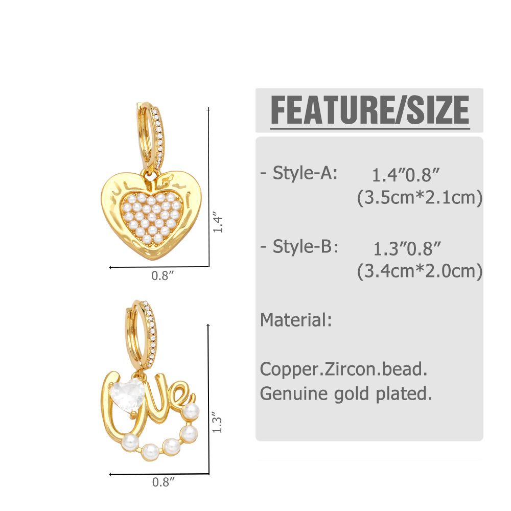 Fashion Heart Shape Copper Inlay Artificial Pearls Zircon Drop Earrings 1 Pair