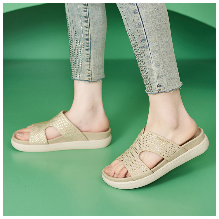 Dép sandal nữ xỏ ngón đế bệt đính đá lấp lánh phong cách Hàn Quốc — màu đen, màu hồng, màu mơ chi tiết 7