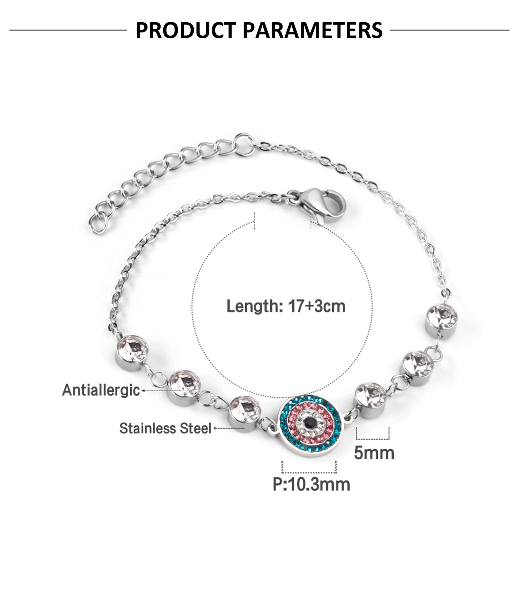 Fashion Devilu0027S Eye Stainless Steel Inlay Artificial Diamond Bracelets 1 Piece