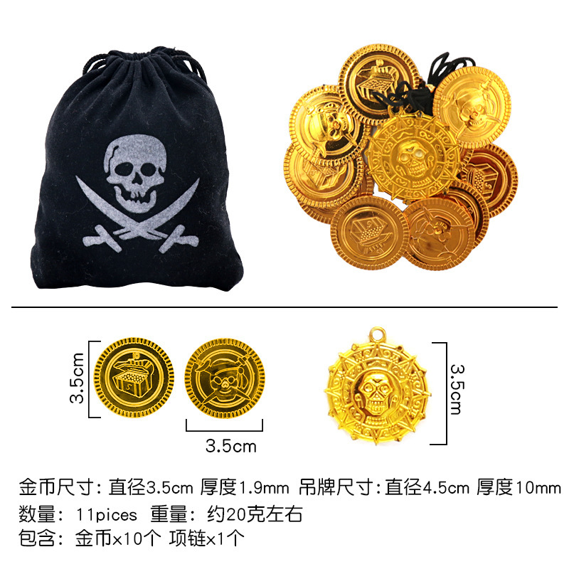 Monedas de oro piratas Halloween props fichas monedas accesorios de juegos de mesa bolsas de monedas de juguetes de plástico monedas de caza del tesoro monedas de oro