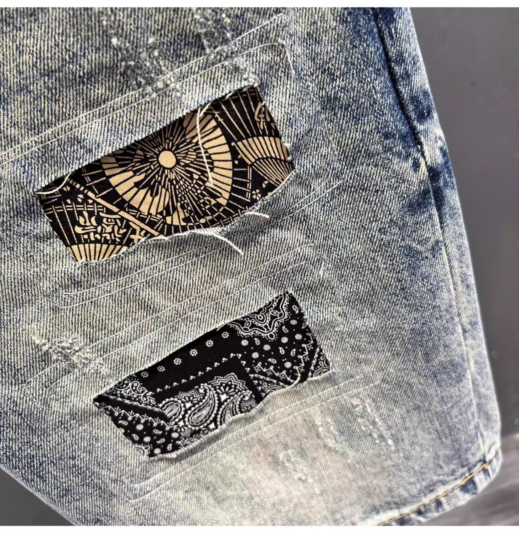 Men's Denim Shorts Patchwork Embroidery Ripped High Street Style_voghion.com