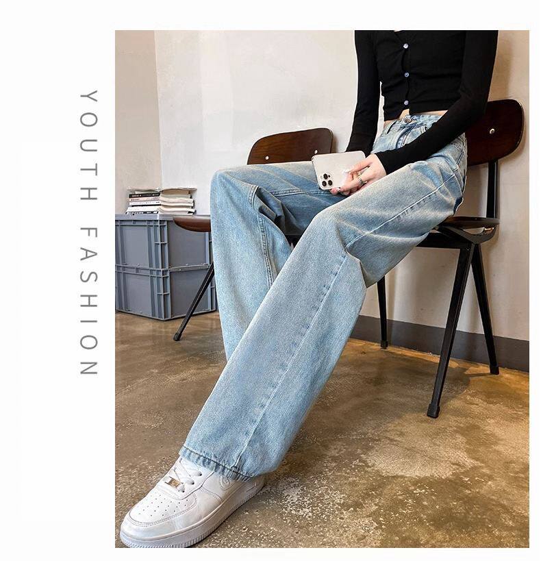 Quần jean nữ ống rộng lưng cao dáng suông dài chạm gót phong cách tối giản — màu xanh cổ điển, màu xanh nhạt, quả mơ chi tiết 23