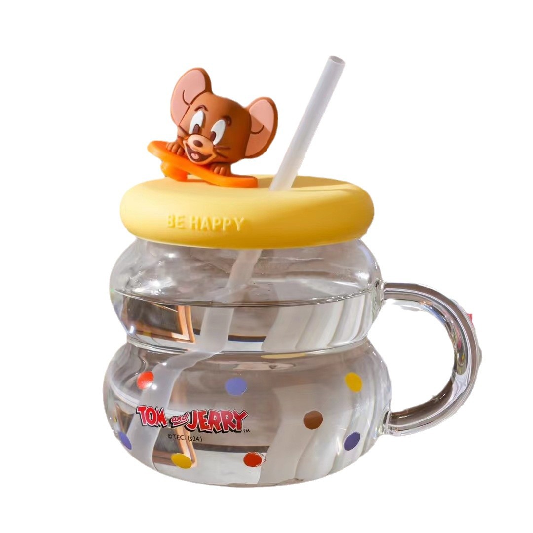 Gato y ratón tazas de vidrio de alto valor facial tazas de agua caseras con tazas de paja regalo de cumpleaños lindas tazas de agua potable dibujos animados