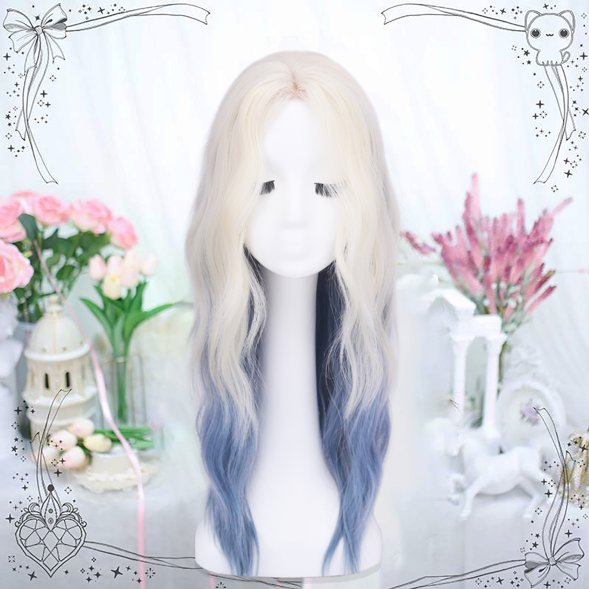 Peruca de mujer cubierta de cabello completo estilo de cabello de simulación natural diario cabello largo ondulado agua media división glaciar azul gradiente