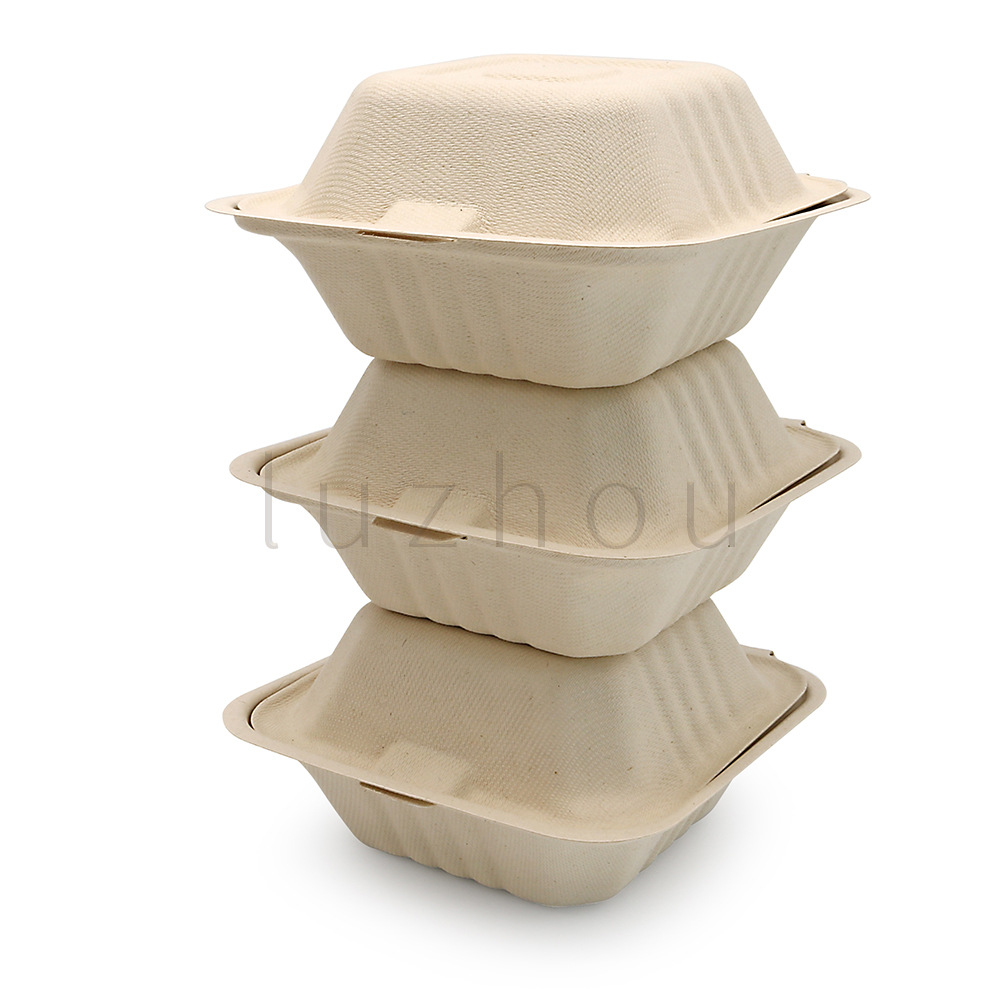 Shaogeng oasis fábrica Ventas Directas Pulpa de caña de azúcar Pulpa de bambú vajilla desechable caja de hamburguesa de 6 pulgadas degradable compostable