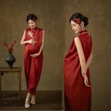 影楼主题孕妇照服装新中式国风旗袍新款红色裙子孕妇照衣服在家拍