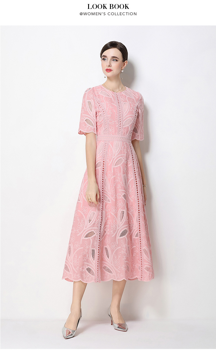 Đầm maxi nữ thắt eo cổ điển Pháp ren thêu họa tiết tay ngắn — màu đen, xanh nhạt, màu hồng, Xanh da trời nhạtcolor chi tiết 54