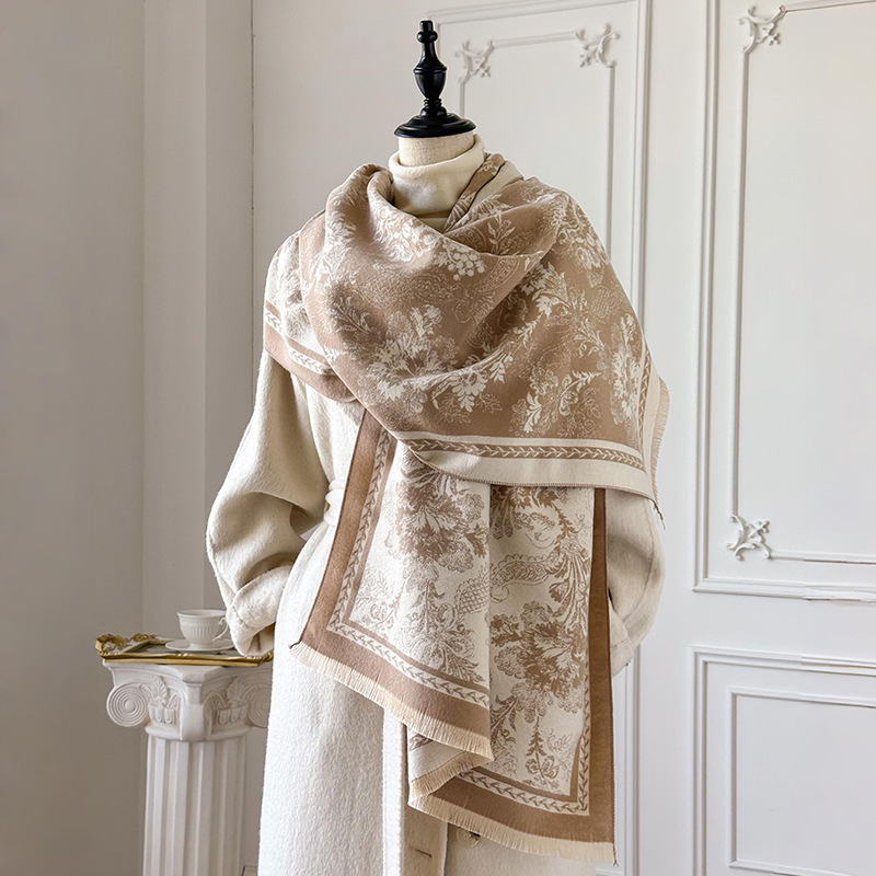 2025 Autumn and Winter European and American New Floral Jacquard Imitation Cashmere Thickeneded Scarf Fashionable Outer Wear Elegant Age-Reducing Shawl 2025 Autumn and Winter European and American New Floral Jacquard Imitation Cashmere Thickeneded Scarf Fashionable Outer Wear Elegant Age-Reducing Shawl