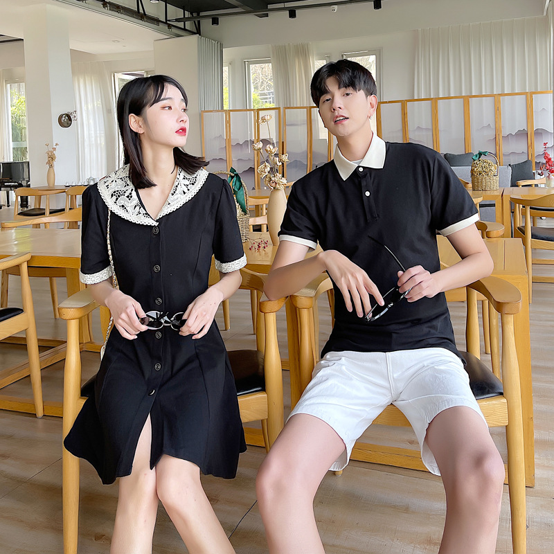 情侶裝2021夏季新款韓版小時尚輕熟風小黑裙學生短袖連衣裙