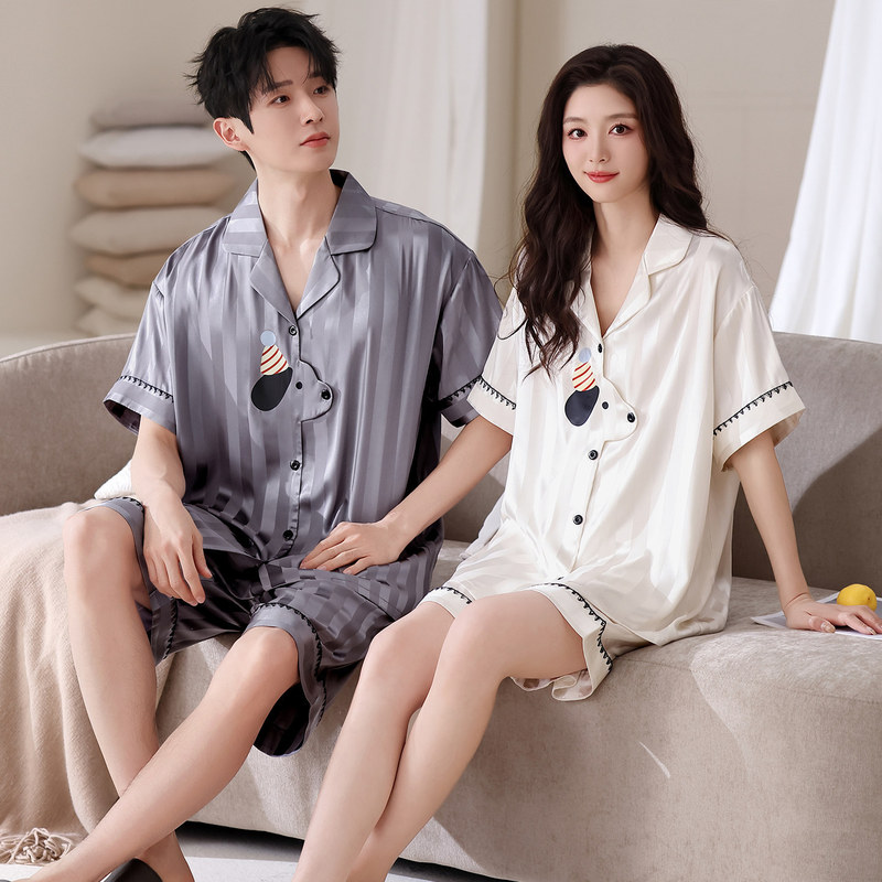 [Ice Silk] Couple's Pajamas for Women, Summer Short-Sleeve Shorts, Casual Wearable Outfits, High-End Home Wear Set for Men