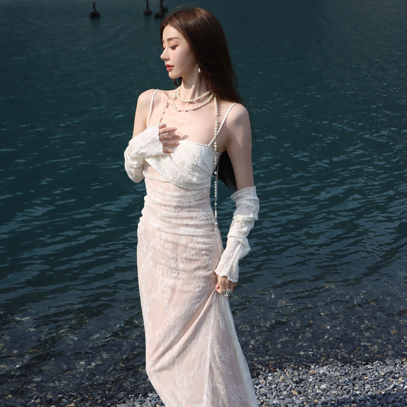 Twilight Fairy White Lace Double-Layer Strap Dress + Detachable Sleevelets Summer Fairy White Jacquard Twilight Fairy White Lace Double-Layer Strap Dress + Detachable Sleevelets Summer Fairy White Jacquard