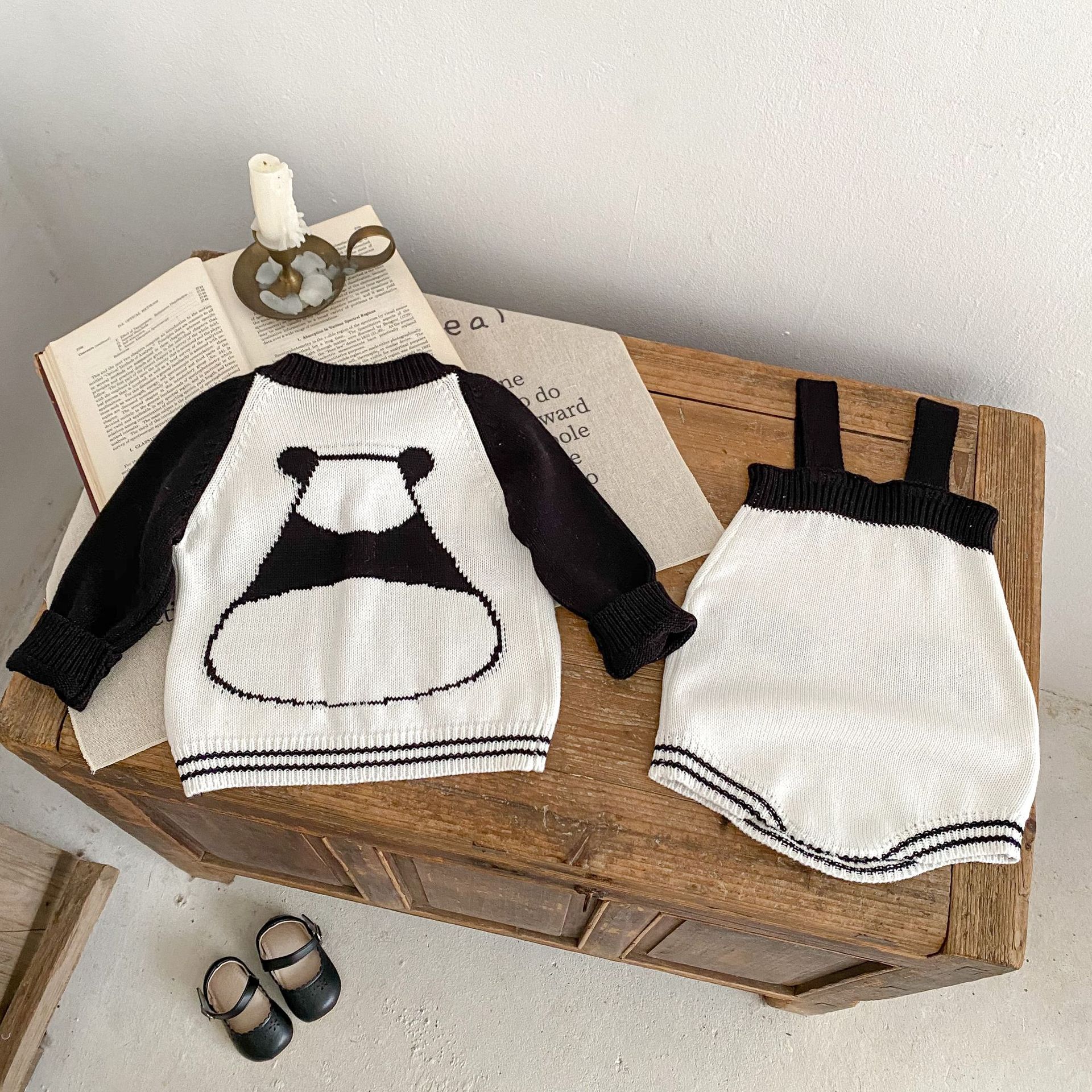 Baba kisgyermek őszi ruhák 2024 férfi és női baba pulóverek panda jacquard kötött hosszú ujjú felső szett_voghion.com