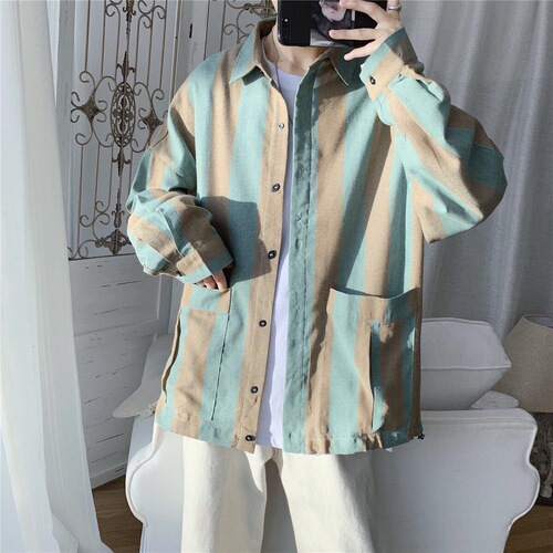 Japanese striped shirt for men, Korean style workwear top, autumn couple long-sleeved shirt, loose and versatile, student uniform, trendy