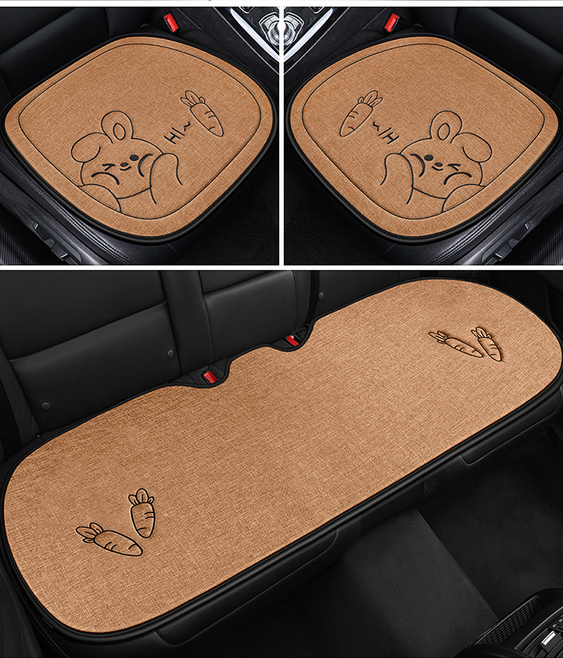 Car Seat Cushion, Universal for All Seasons, Linen Fabric, Cartoon Three-Piece Set, Single-Piece Cotton Seat Cushion, Non-Slip Rear Seat Long Cushion