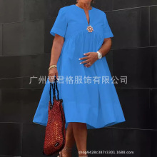2024欧美亚马逊跨境女装 夏季新款V领简约纯色休闲裙子现货连衣裙