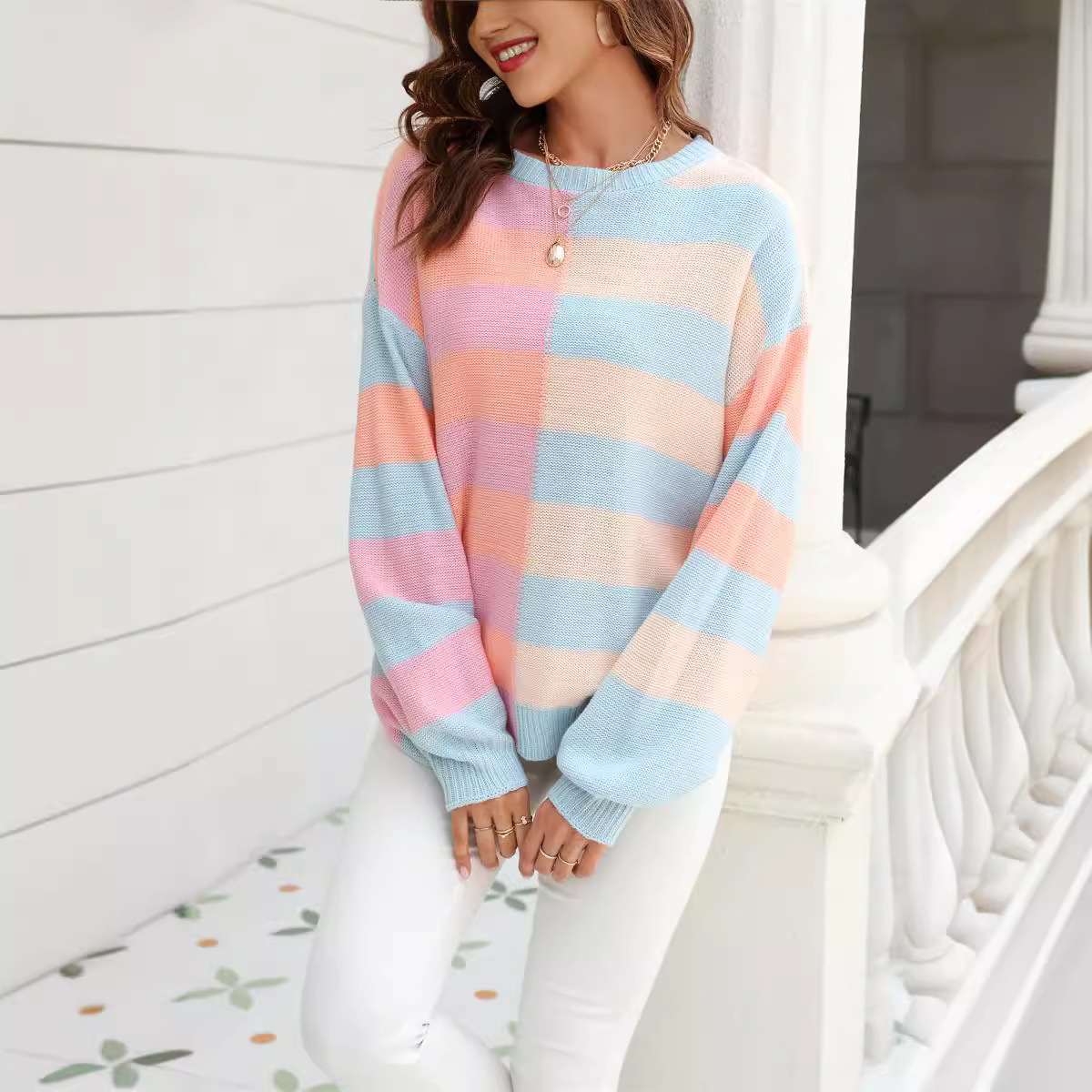 Suéter de Punto con Cuello Redondo, Estilo Europeo y Americano, para Mujer, Primavera-Otoño 2026, Diseño de Bloques de Color y Rayas con Parches, Moda Amazon. image 5