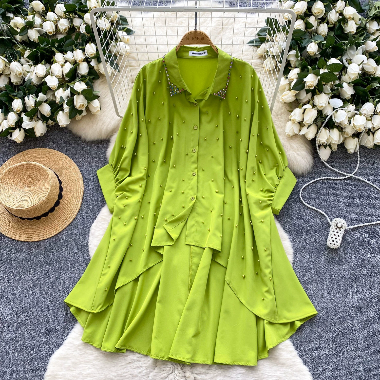 Женская рубашка нестандартной формы европейского и американского дизайна с ромбовидными бусинами, однобортными рукавами «летучая мышь», свободный плотно прилегающий топ средней длины.