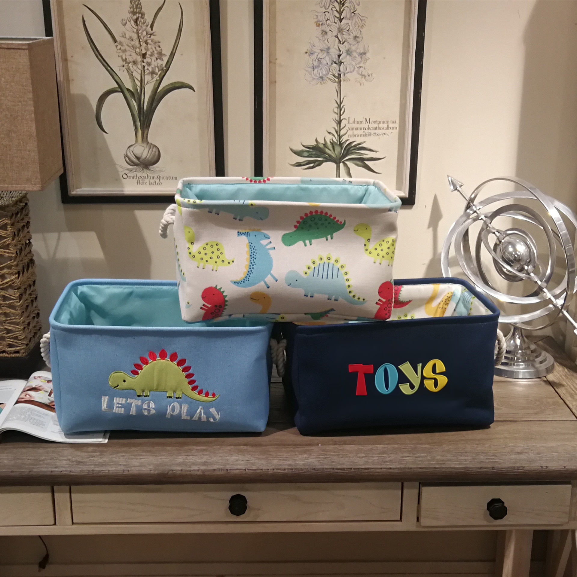 Factory Supply Cross-border Hot Selling One-Time Delivery Canvas Foldable Embroidered Cartoon Dinosaur Toy Storage Basket Storage Basket