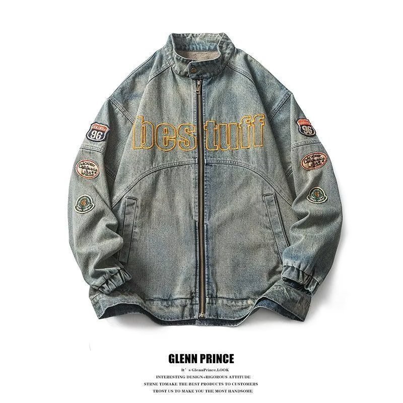 American Retro Denim Clothes Men's Tooling Couple's Commuter Distressed Badge Embroidered Denim Jacket Motorcycle Style Baseball Suit